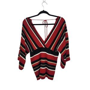 Vintage 90s Red Knit Top V-Neck Kimono Sleeve L Black Striped Empire Tie Back